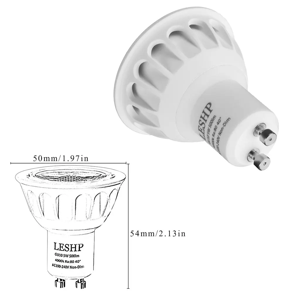 

Big Sale White GU10 AC100-240V 5W LED Spotlight 4000K 500LM Non-Dimmable 40 Degree Beam Angle Compact Size Light Weight