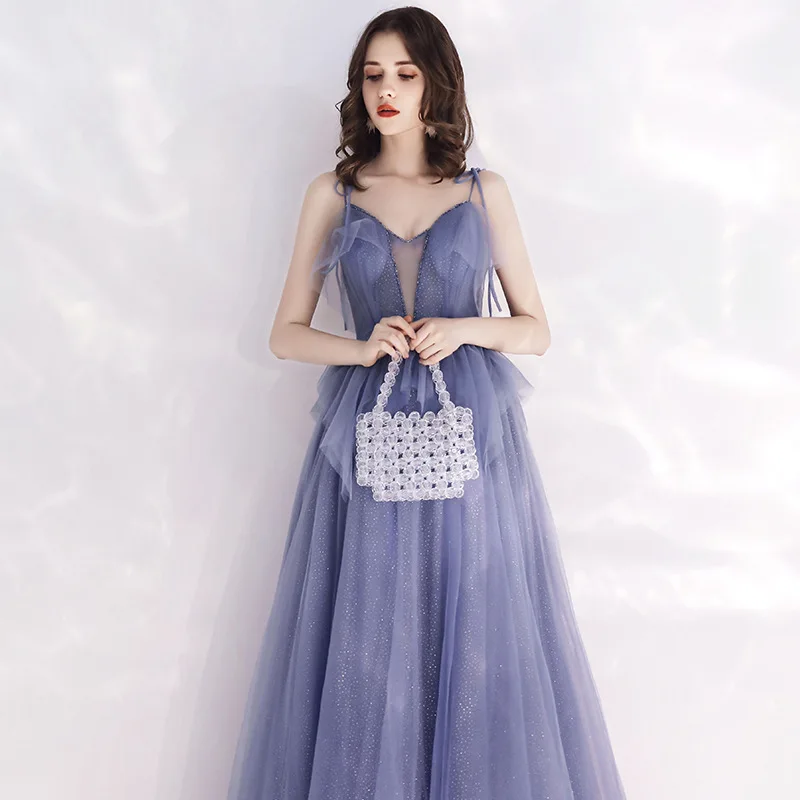 Женское вечернее платье с блестками Qipao Элегантное синее сексуальное Ципао на