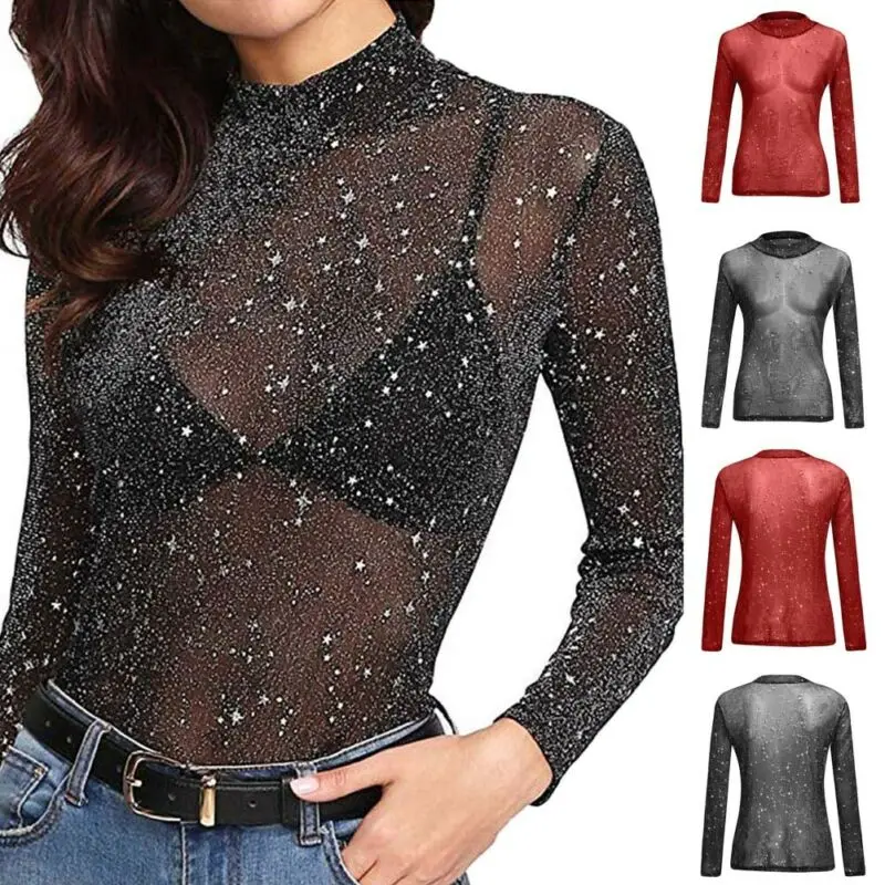 Женская Популярная модная блестящая сетчатая сексуальная Прозрачная Футболка с