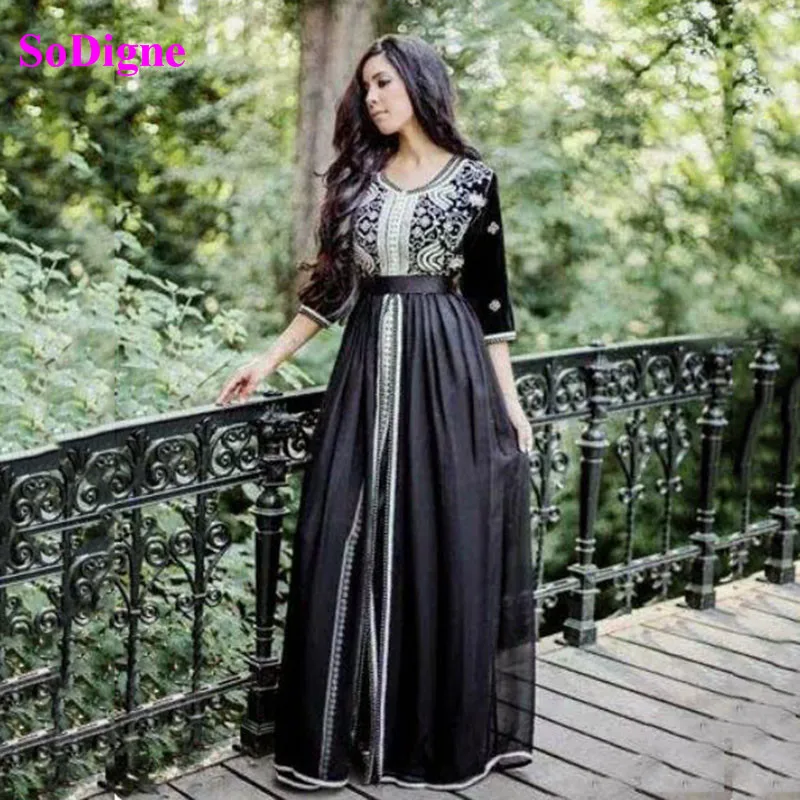 

SoDigne Abaya Caftan Evening Dress Tull Appliques Lace Moroccan Kaftan Long Prom Gowns Muslim Women Party Dresses