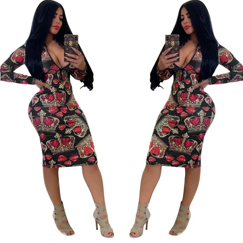 Женское платье карандаш на молнии с V образным вырезом и длинным рукавом|Женские