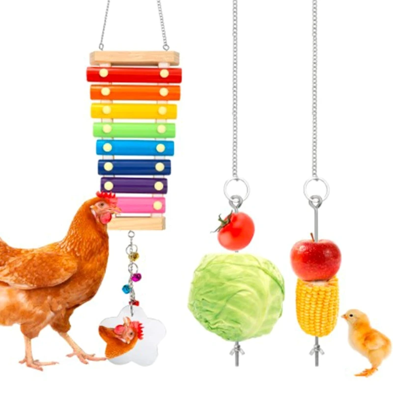 

3Pcs Chicken Xylophone Toys with Mirror Bird Hens Veggies Skewer Fruit Vegetable Hanging Feeder Holder Stainless Steel Feeder Ch