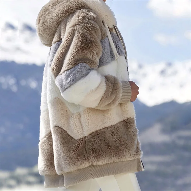 

Winter Plus Size S-5Xl Women Coat Long Slevee Plush Warm Jacket Ladies Hooded Zipper Patchwork Outdoor Casual Females Clothes