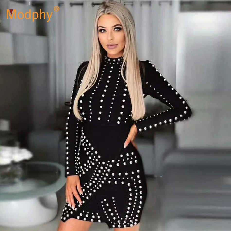 Зимнее черное Бандажное платье с шипами элегантное сексуальное мини длинным