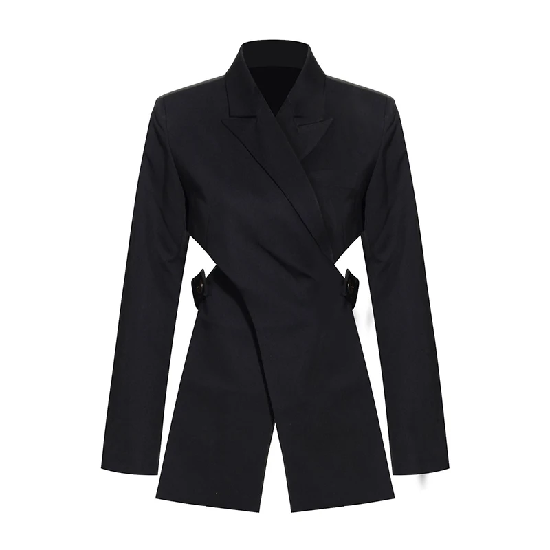 

Women Black Cross Bandage Short Blazer New Lapel Long Sleeve Loose Fit Jacket Fashion Tide Spring Autumn 2021
