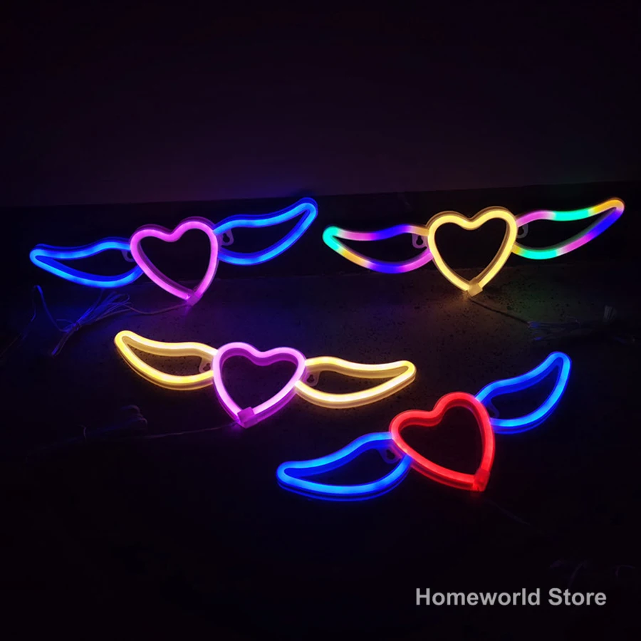 Heart Shape Angel Wings Neon Light Sign LED Modeling Lamp Lantern Hanging Wall Decoration for Room Party Romantic Wedding Gift