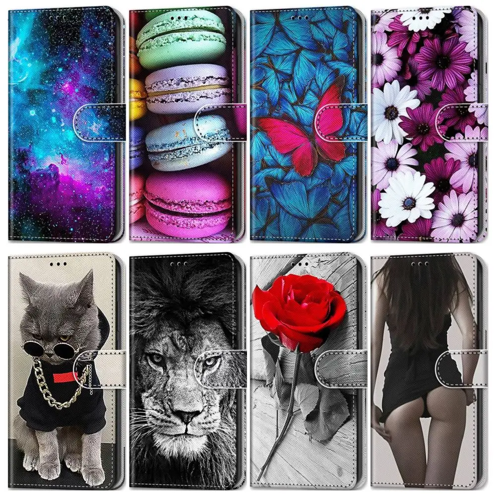 

For Huawei P8 Lite 2015 P9 Lite 2016 2017 P10 Lite P20 Lite 2018 P30 Pro P40 Lite E Phone Bags Cat Lion Flower Stand Case DP08F