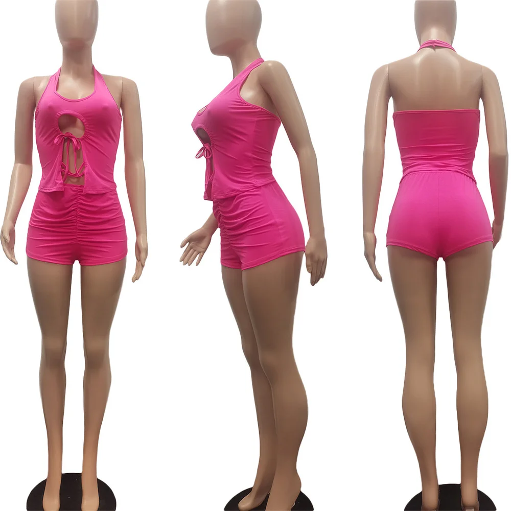 

Vintage Drawstring Body-shaping Backless Crop Top + Ruched Slim Fit Shorts for Women Summer Hollow Out Party Two Piece Outfits