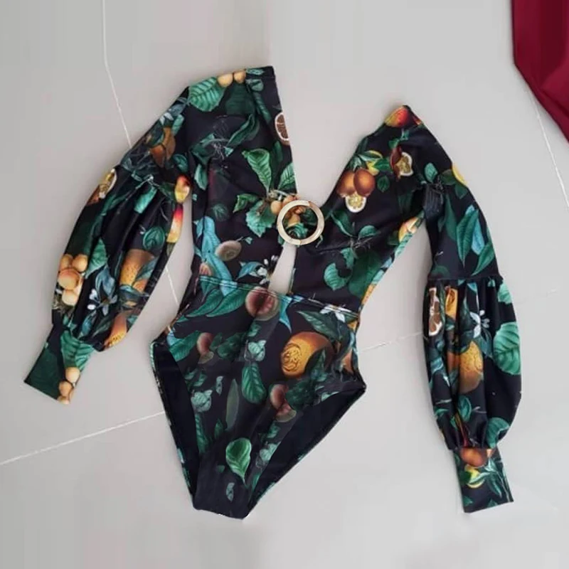 

Stck Badeanzug Weibliche 2021 Langarm Bademode Frauen Plus Size Badeanzug Print Bandage Sommer Badenden Monokini