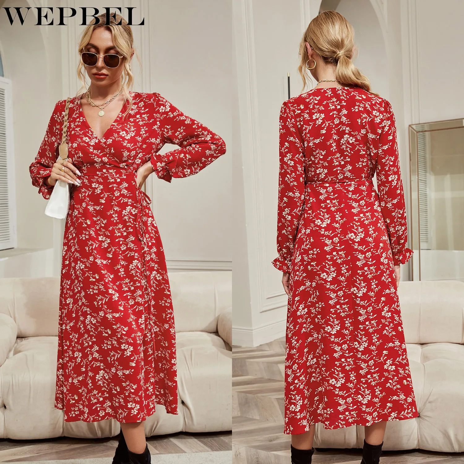 

WEPBEL Dress Autumn Fashion Floral Print High Waist Dress Women's Casual Long Sleeve V-neck Dress
