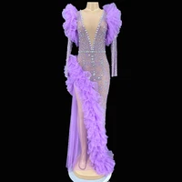sparkly silver rhinestones purple mesh transparent long dress birthday celebrate evening dress women party outfit