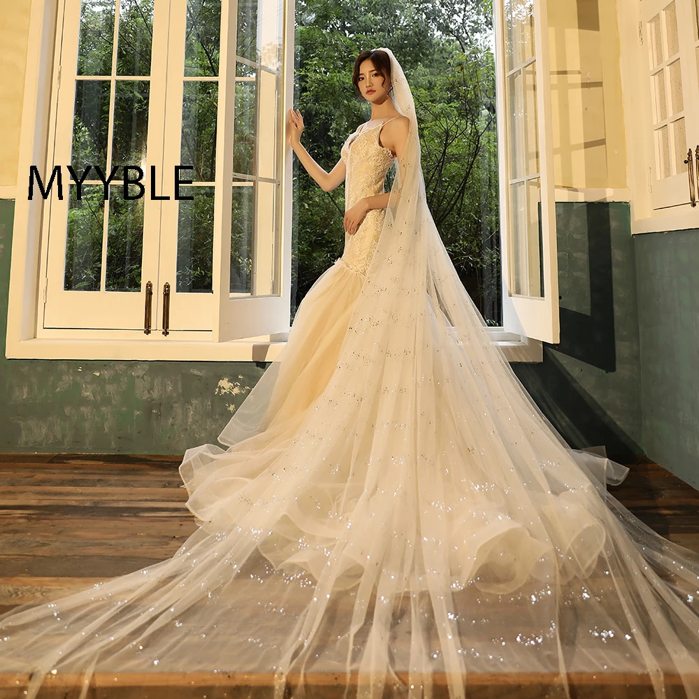

2020 MYYBLE 3 meters wide 4 meters long highlight point bridal veil metallic dazzling a layer with comb new wide head yarn