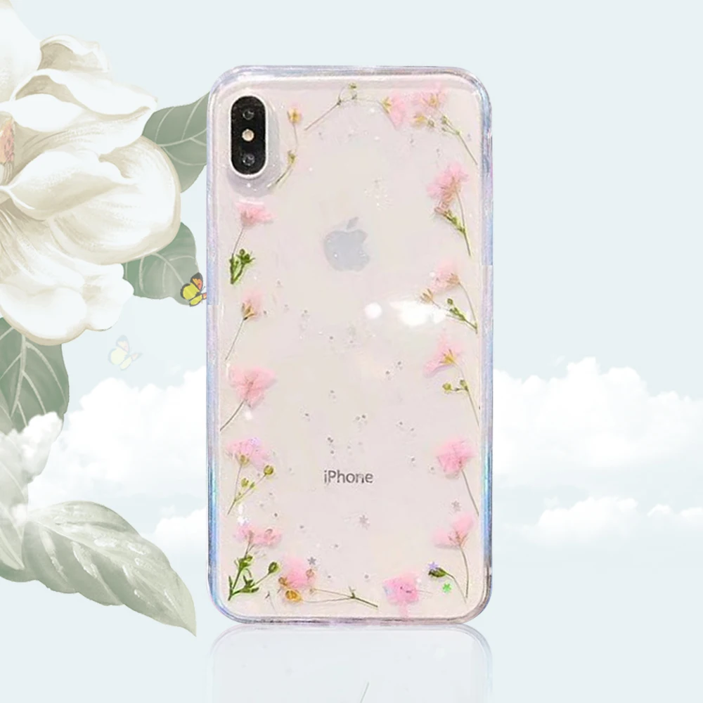 

INS Floral Transparent Phone Case For IPhone 11 Pro Max X Xr Xs 6 6S 7 8 Plus Dried Flower Clear Soft Girls Shell With Dust Plug