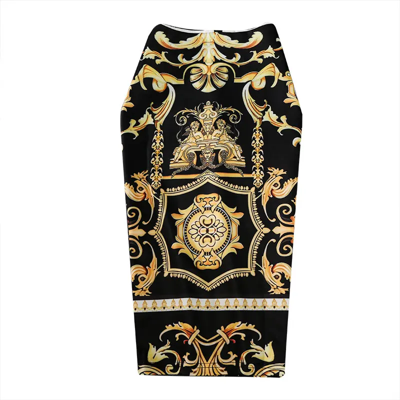 

New-Coming European Women Autumn Print Pencil Skirt High Stretch Abstract Pattern Midi Slip Hip Skirt Female