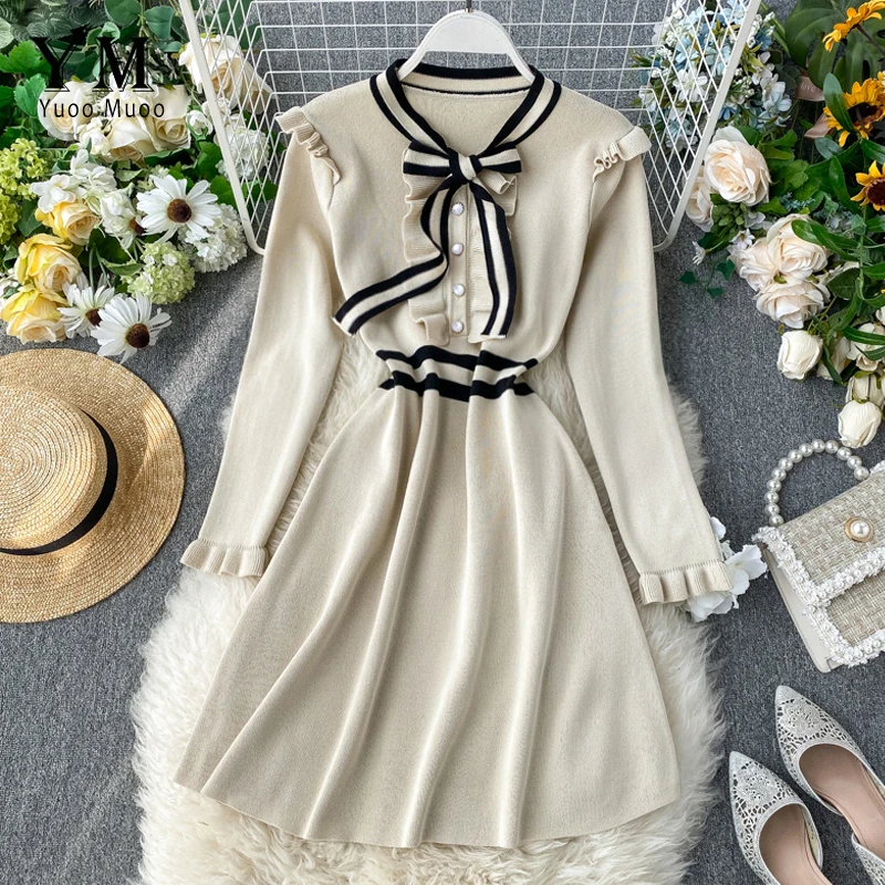 YuooMuoo хорошее качество осеннее вязаное платье с бантом и длинным рукавом женские