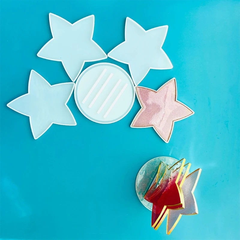 

5 Pcs/Set Five-pointed Star Coaster+Cup Mat Holder Epoxy Resin Mold Mug Pad + Storage Base DIY Crafts Silicone Mould