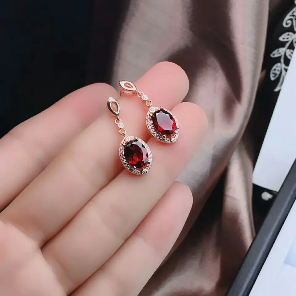 Rose gold Earrings MeiBaPJ прекрасного качества натуральный красный драгоценный камень, гранат Мода набор украшений для женщин Настоящее серебро 925 проба изящное ювелирное изделие "Шарм" - Цвет камня: Rose gold Earrings