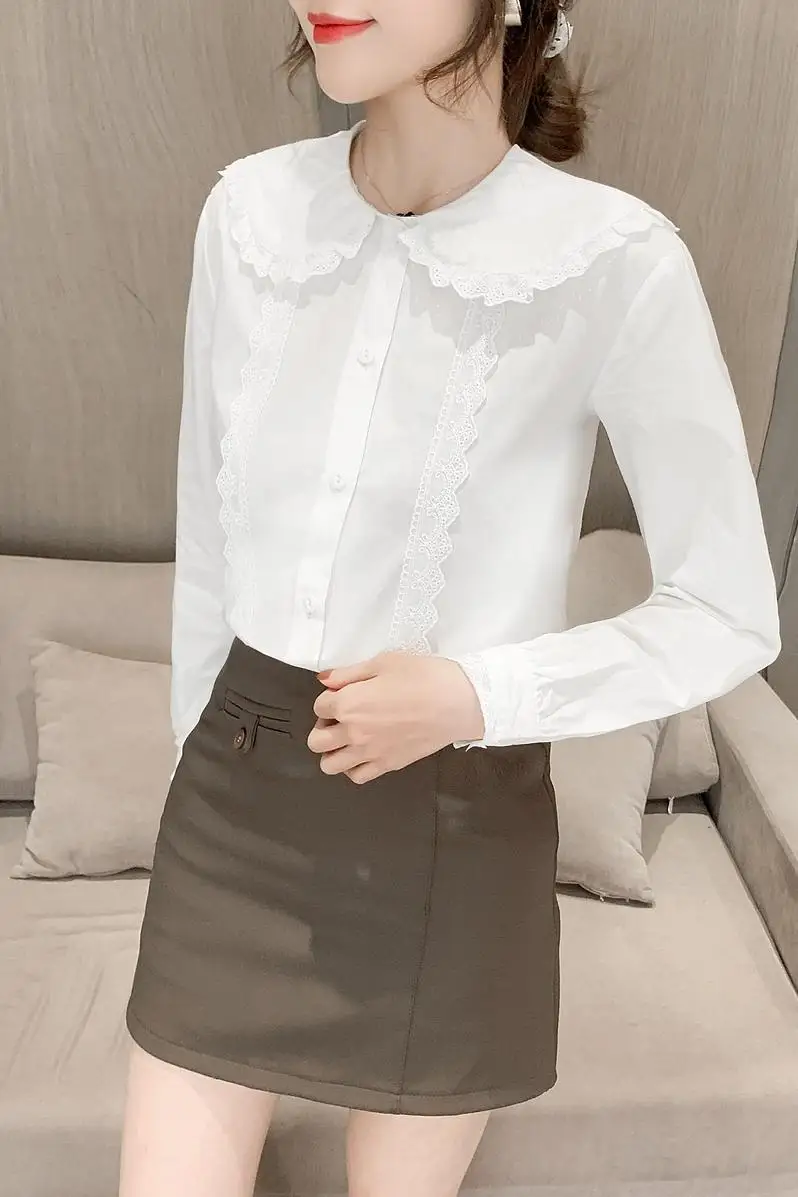 

COIGARSAM Full Sleeve Shirt Womens tops New Spring Solid Chiffon Lace Loose Peter pan Collar Women shirts White 9658