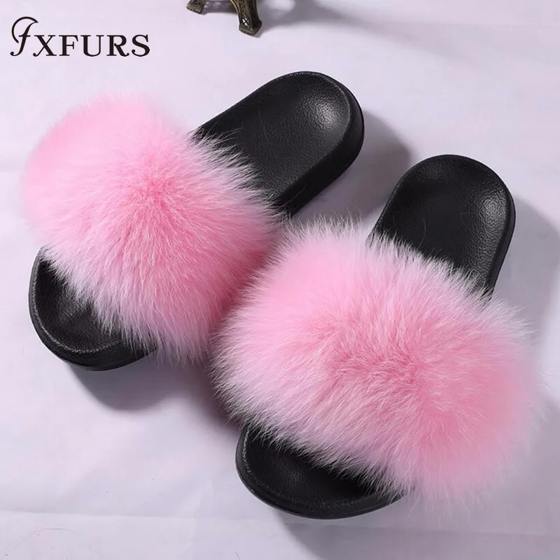 FXFURS/Новинка года; женские натуральный мех лисы шлепанцы; летние модные меховые сандалии; пляжные сандалии; пушистые удобные меховые вьетнамки