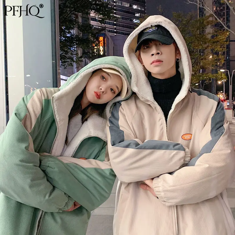 

PFHQ 2021 New Fashion Couple Wear Winter Ins Corduroy Stitching Thicken Solid Color Hooded Zipper Lamb Wool Warm Jacket 21A6724