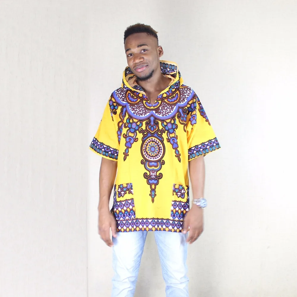 

African Dashiki Fashion Design Yellow Mens Hipster Hip Hop African Dashiki Fabric Elongated longline Hoodie t shirt Hoody