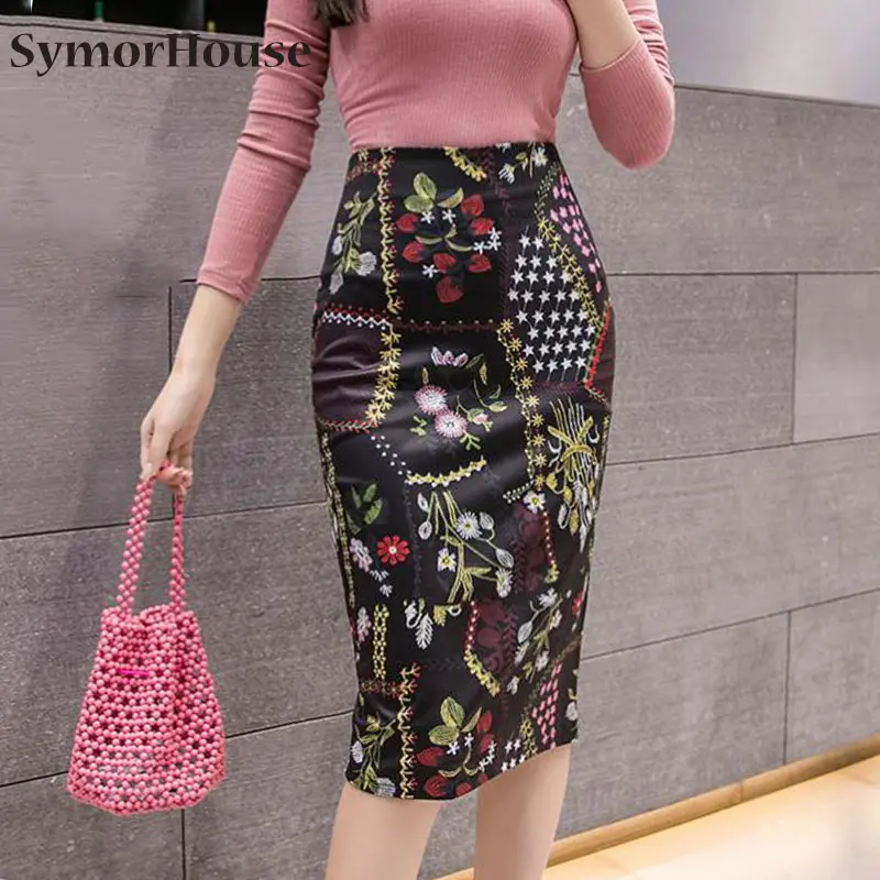 

Юбка-карандаш женская с цветочным принтом, пикантная модная офисная Повседневная до колена в Корейском стиле, с завышенной талией, лето 2021