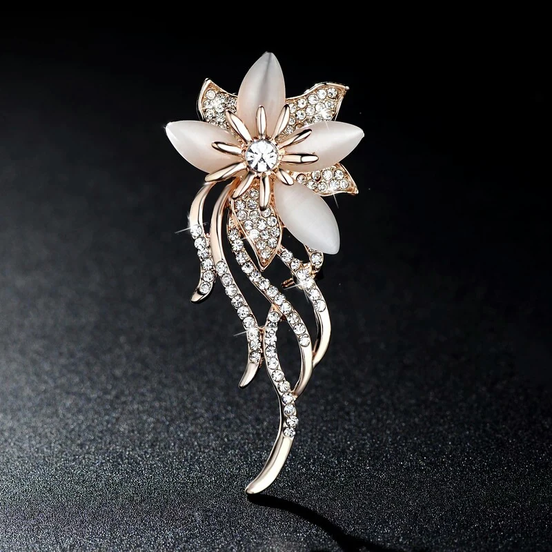 

Women's Fashion Moonstone Flower Brooch Charm Rose Gold Jewelry Brooches For Women Luxury Zircon Pin Dress Coat Accessories