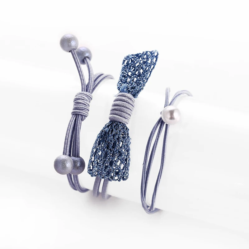 3 шт./компл. женские резинки для волос с бантом искусственные жемчугом синего