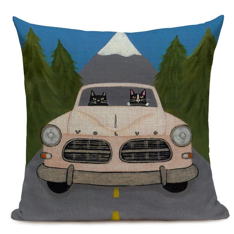 Hot Sale Pillow Lovely Cartoon Dog Cat Color Driving Car Vintage Almofadas 45X45CM Linen Pillow Decorative Linen Cushion Cover