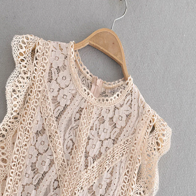 Женские кружевные блузки с рукавом бабочкой открытые бежевые топы пэчворком