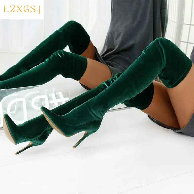 

Women's Fashion Green Over The Knee High Boots Ladies Sexy Flocking Elastic Long Boots Female Pointed Toe Stiletto High Botas