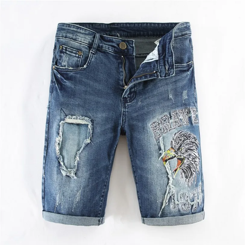 

New Summer Men Light Blue Denim Shorts Holes Short Jeans High Quality Men Stretch Slim Fit Casual Jeans Shorts Size 38 For Male