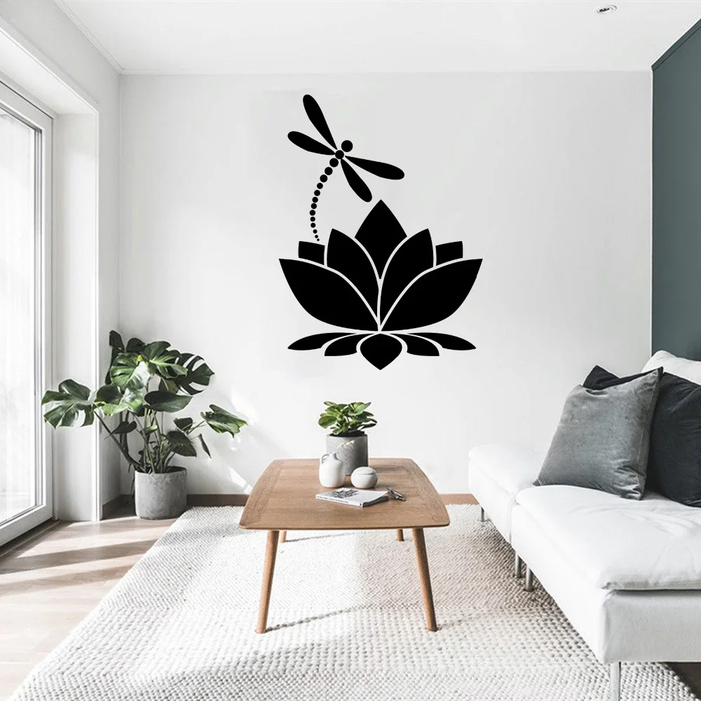

Цветок лотоса, стрекоза, Виниловая наклейка на стену, домашний декор, медитация, Йога, студийное украшение для комнаты, настенные наклейки д...