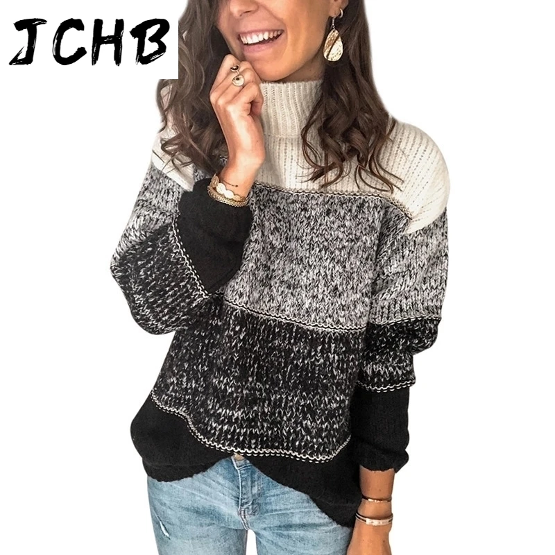 

Striped Casual Patchwork Turtleneck Sweater Women Autumn Winter Long Sleeve Contrast Female Knitted Pullover Loose Top Plus Size