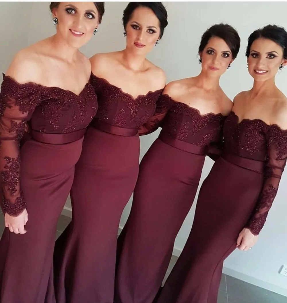 

Long Sleeves Off The Shoulder Mermaid Burgundy Bridemaid Dresses 2020 African Appliqued Lace Prom Dress Wedding Party Gowns