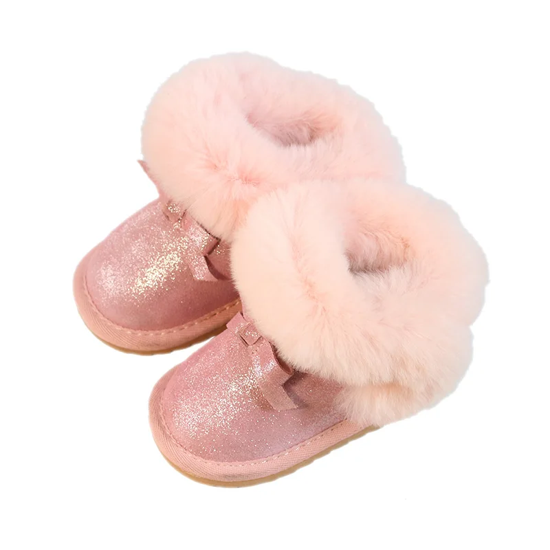 Короткие зимние сапоги для девочек бархатные Детские ботинки с бантом мягкая