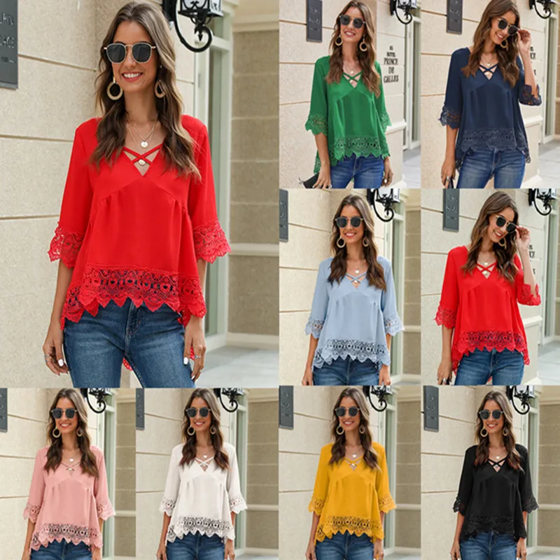 

2021 Fashion Sexy Deep V Neck Hollow Out Women's Chiffon Shirt Tops Spring Autumn New Casual Loose Ladies Lace Patchwork Shirts