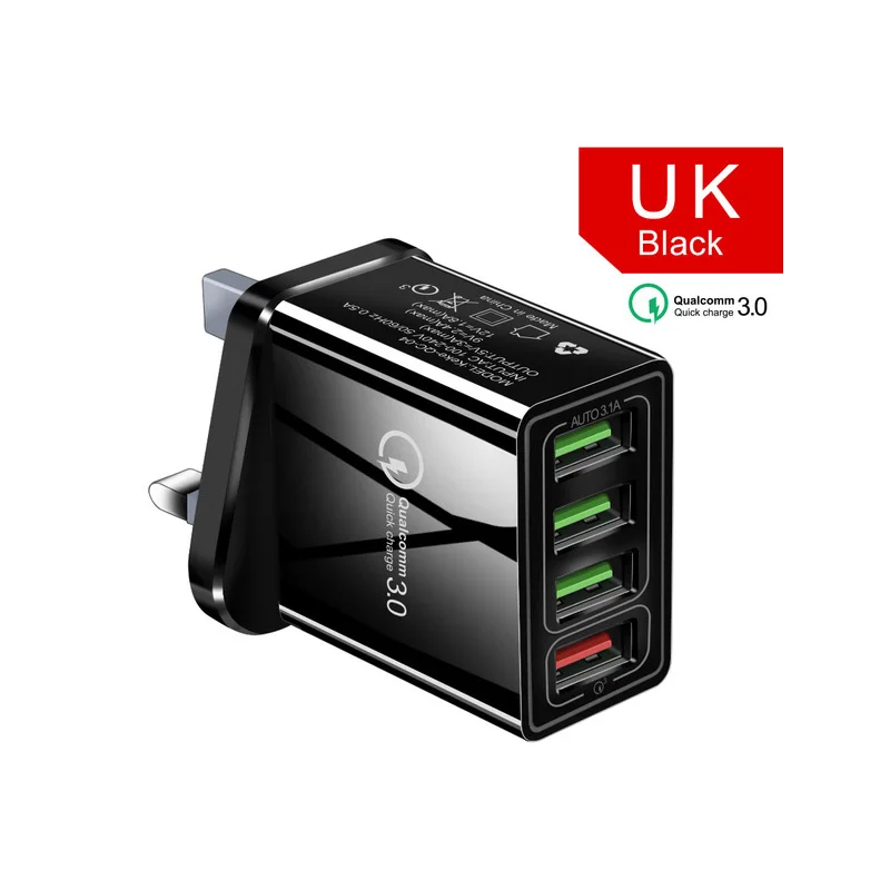 48 Вт Быстрая зарядка 3,0 4 порта USB зарядное устройство для iPhone X XS XR 8 7 6 6s plus iPad быстрое дорожное зарядное устройство для samsung S10 S9 Xiaomi Mi 9 8 huawei Nokia зарядное устройство для мобильного телефона EU US UK вилка - Тип штекера: Black UK Plug