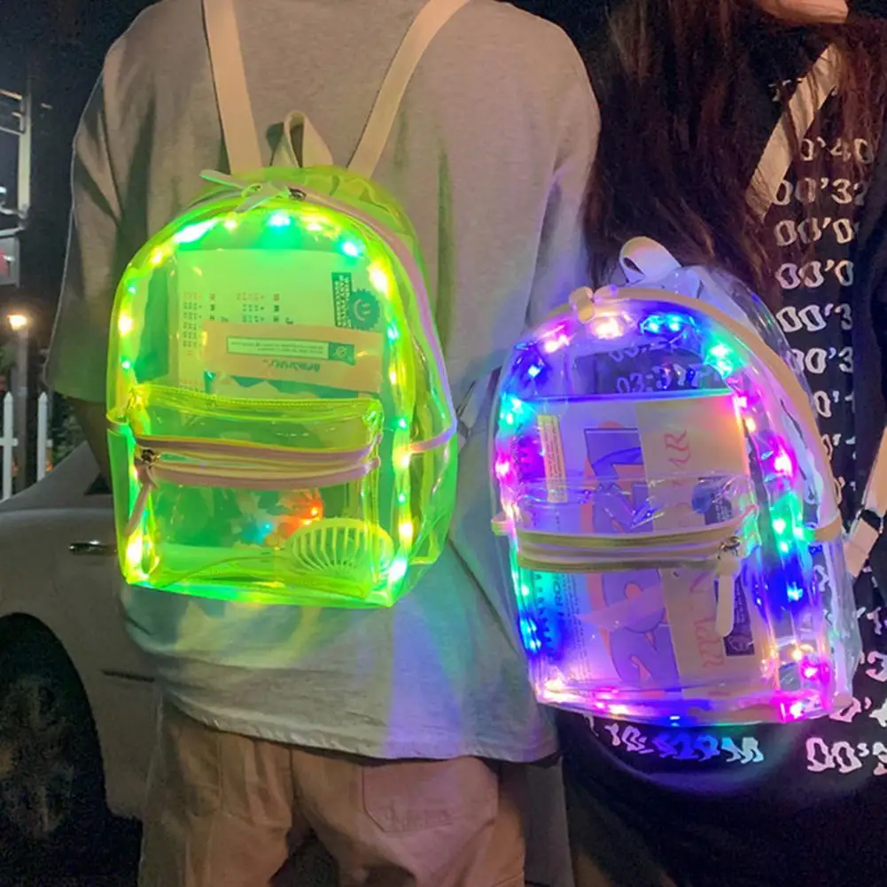 New LED Lights Unisex Backpack Transparent Clear Bagpack School Bag Cool Girl Boys Bag Lumious Night Outdoor Travel Bag