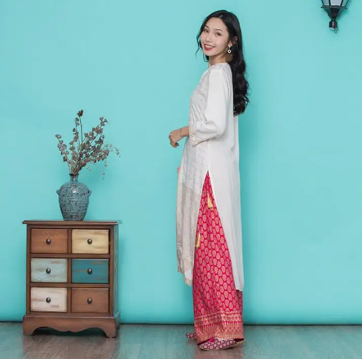 Новые женские модные комплекты в этническом стиле хлопок печати Индии Kurtas три четверти рукав длинный топ брюки