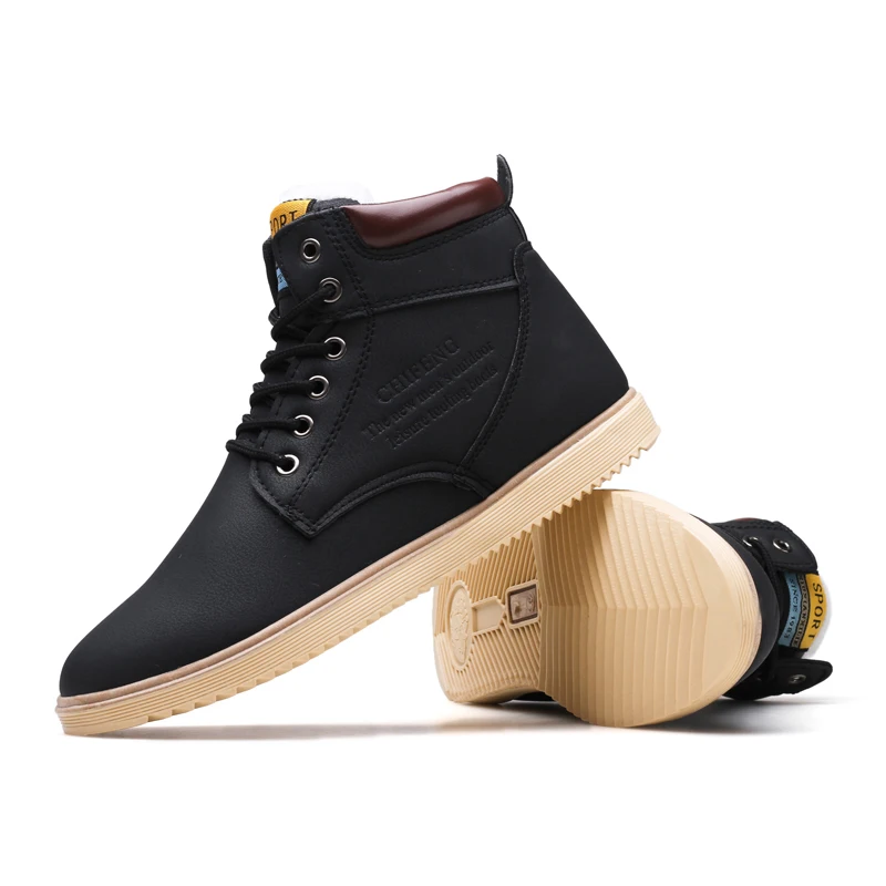 Мужские уличные Нескользящие ботинки черные кожаные на меху шнуровке теплые