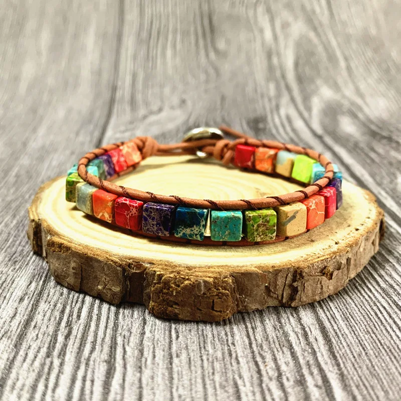 

Life Tree Chakra Bracelet Jewelry Handmade Multi Color Natural Stone Tube Beads Leather Wrap Bracelet Couples Bracelets Gifts