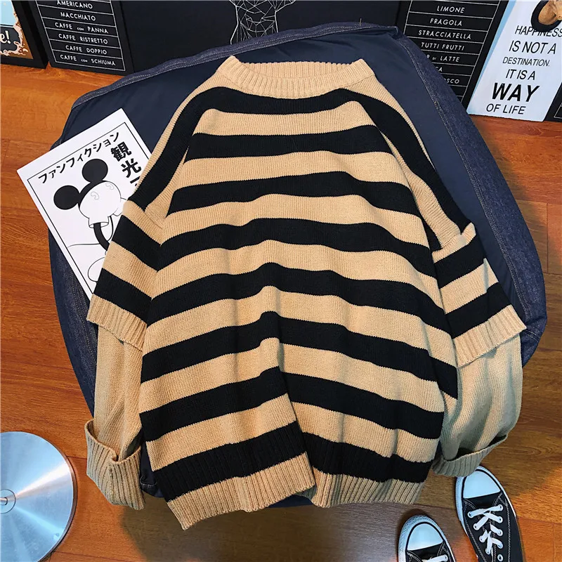 LAPPSTER Men Harajuku Oversized Sweater Fall Pullover Man Fake Two Pieces Streetwear Sweater Korean Fashion Striped Clothes - Цвет: Khaki