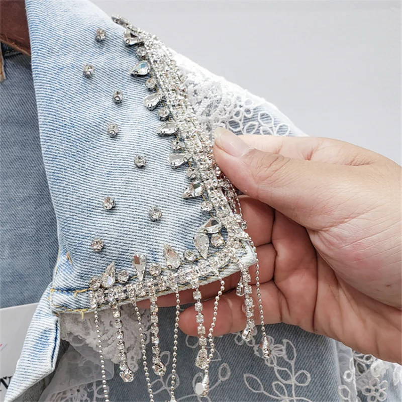 

2020 Spring Fall New Jeans Jacket Women Streetwear Lace Stitching Diamond Tassel Flowers Loose Denim Jacket Female Blue G329