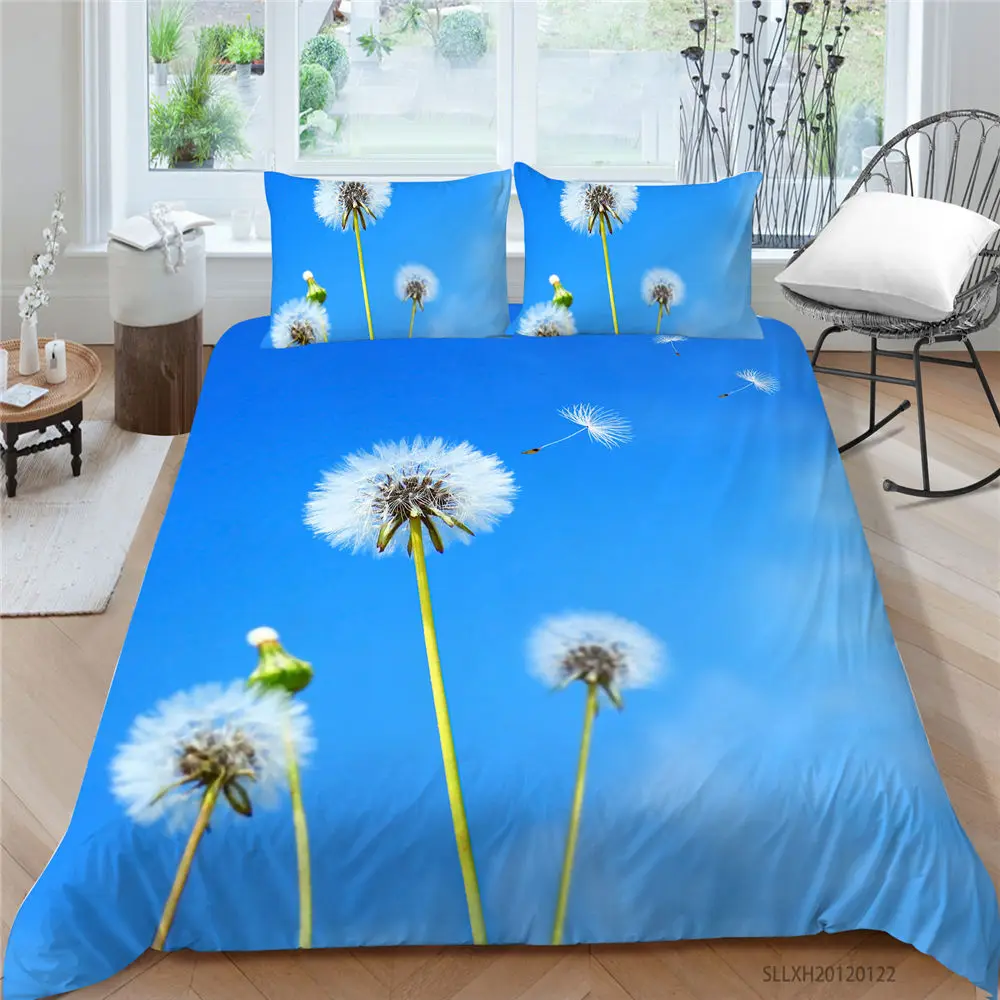 

Dandelion Bed Set Queen Size Fresh Simple Nature 3D Duvet Cover King Double Twin Full Single Creative Bedding Set Blue Sky