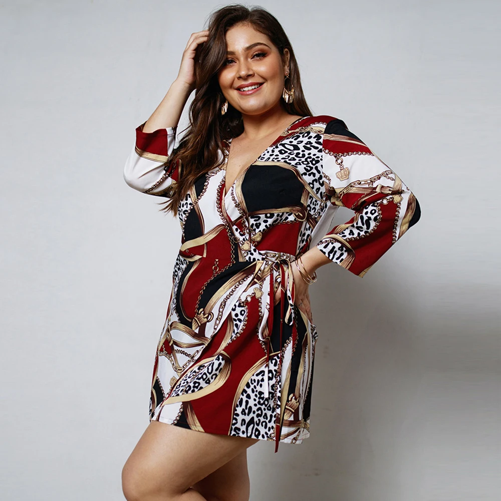 Plus Big Size Woman Mini Dress 2019 Vintage Wrist Sleeve Clothes Spring V-neck Evening Gown Fashion Open Stitch Vestido De Faste | Женская