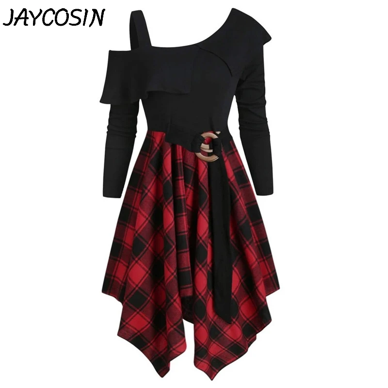 JAYCOSIN женское платье с длинным рукавом асимметричное клетчатое поясом носовой