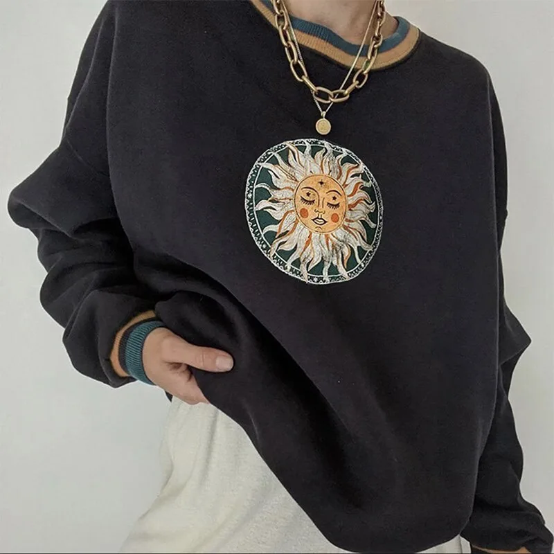 

Black Sun Face Vintage Printing Oversized Sweatshirts Women Teen Girls Loose Casual Winter Tops Brand Design New Streetwear