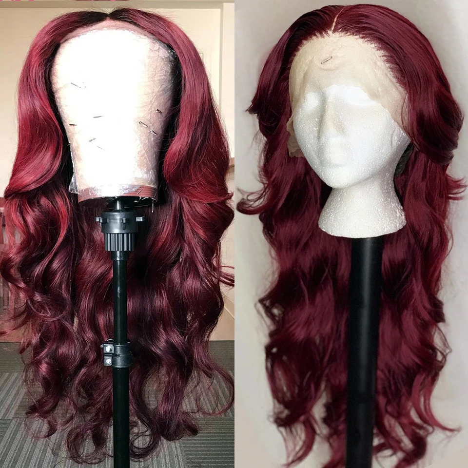 Темно-винный натуральный перука с крупной волной "180% Dark Wine Body Wave Lace Front Wig For Black Women Human Remy Hair With Babyhair Preplucked Brazilian Deep Part Burgundy On"