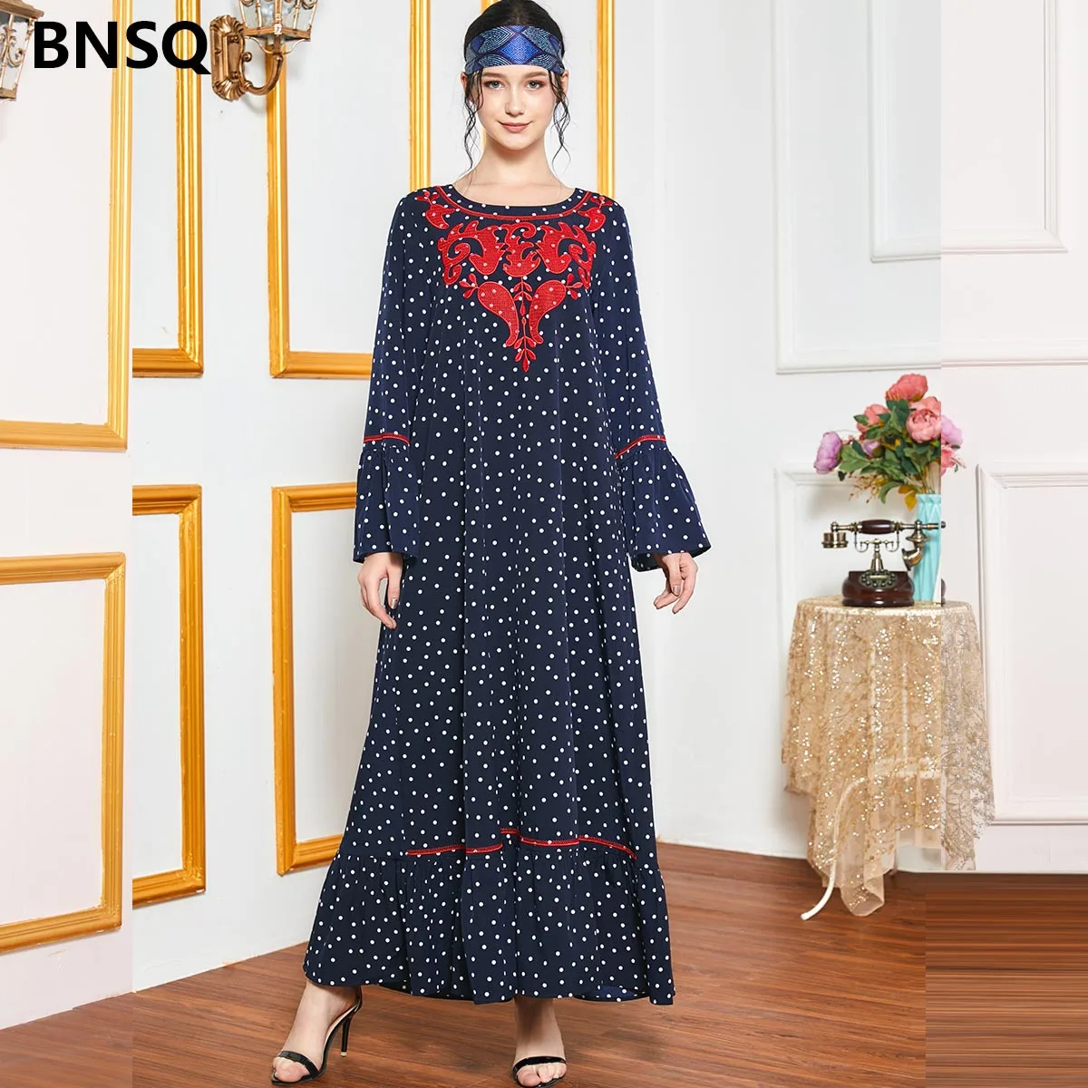 

9704 Elegant Celeb Heavy Embroidery Polka Dot Print Casual Dress Muslim Hijab Abayas Women Dubai Caftan Robe turkish clothing